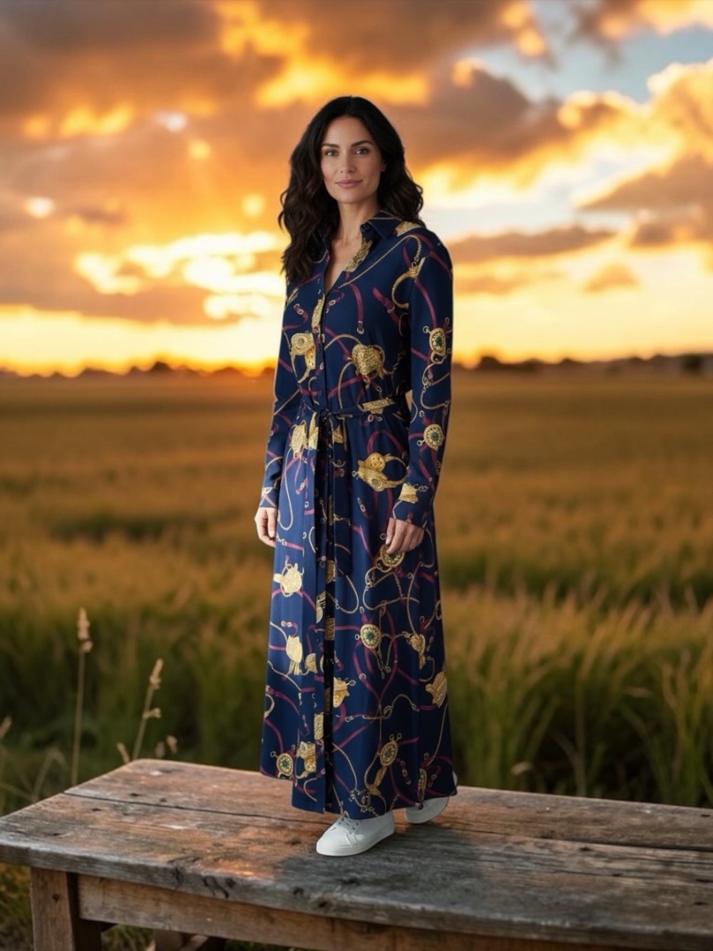 J. McLaughlin Navy Maxi Shirt Dress with Gold Chain Print